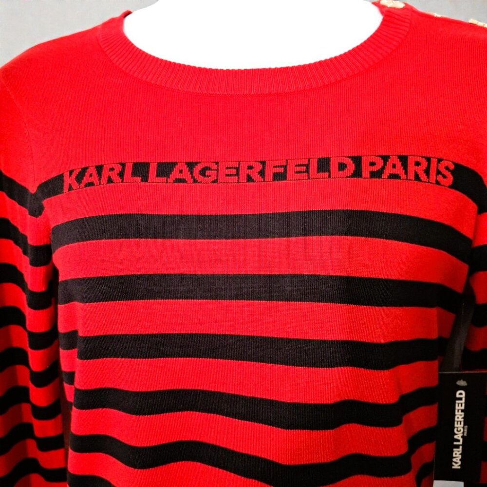 Karl Lagerfeld Paris Med (8-10) Red & Black Stripe Crewneck Sweater w/ Gold Pins - Picture 2 of 15